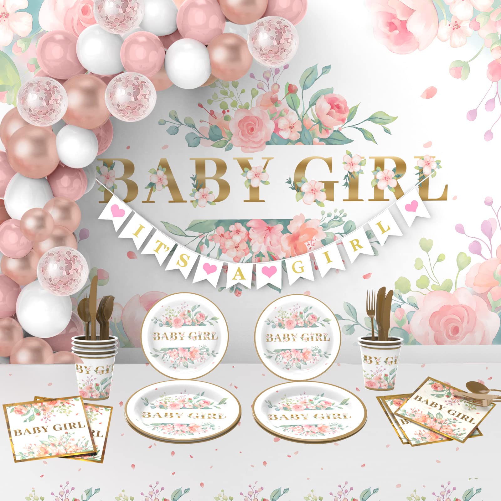 Baby Shower Decorations for Girl，242 PCS of Floral Girl Baby Shower Decorations Party Supplies with Background,Disposable Tableware（25 guests),"It's A Girl" Banner, Balloons Wreath and Tablecloth