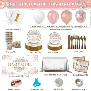 Baby Shower Decorations for Girl，242 PCS of Floral Girl Baby Shower Decorations Party Supplies with Background,Disposable Tableware（25 guests),"It's A Girl" Banner, Balloons Wreath and Tablecloth