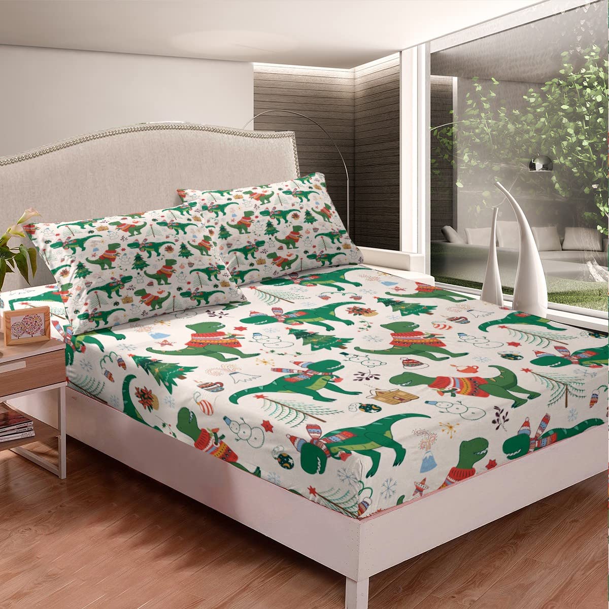 Christmas Sheet Set for Kids Boys Girls Cartoon Dinosaur Christmas Tree Sheets with Deep Pocket Fitted Sheet Snowman New Year Bed Sheets Set Bedroom Decor Xmas Theme Bedding Set Full Size 4Pcs