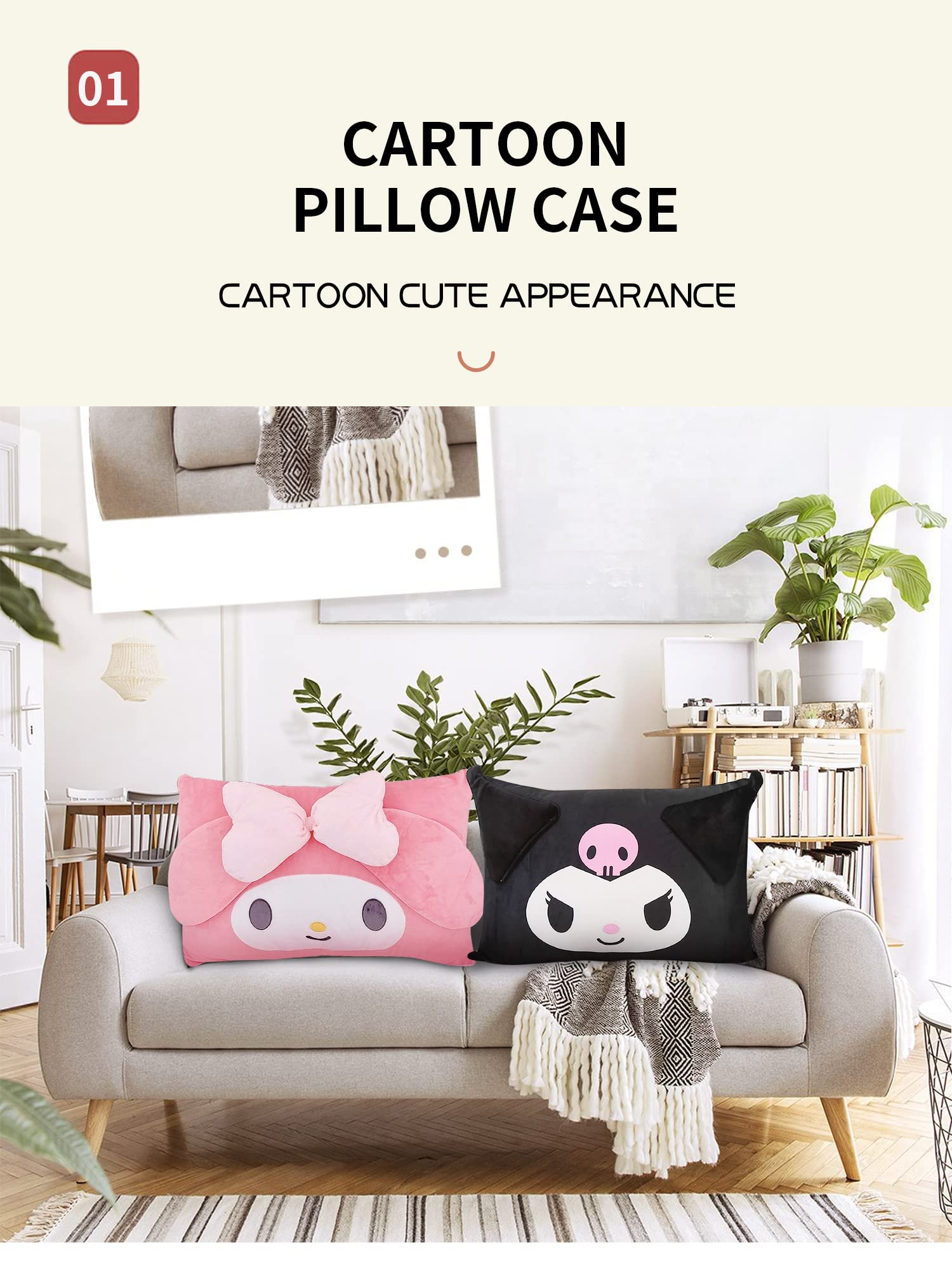 Cartoon Cute Pillowcase Anime Double Sided Plush Pillowcase Girl Bedroom Decoration Cute Cotton Pillowcase + Cute Cartoon Hairpin (Black+Pink)