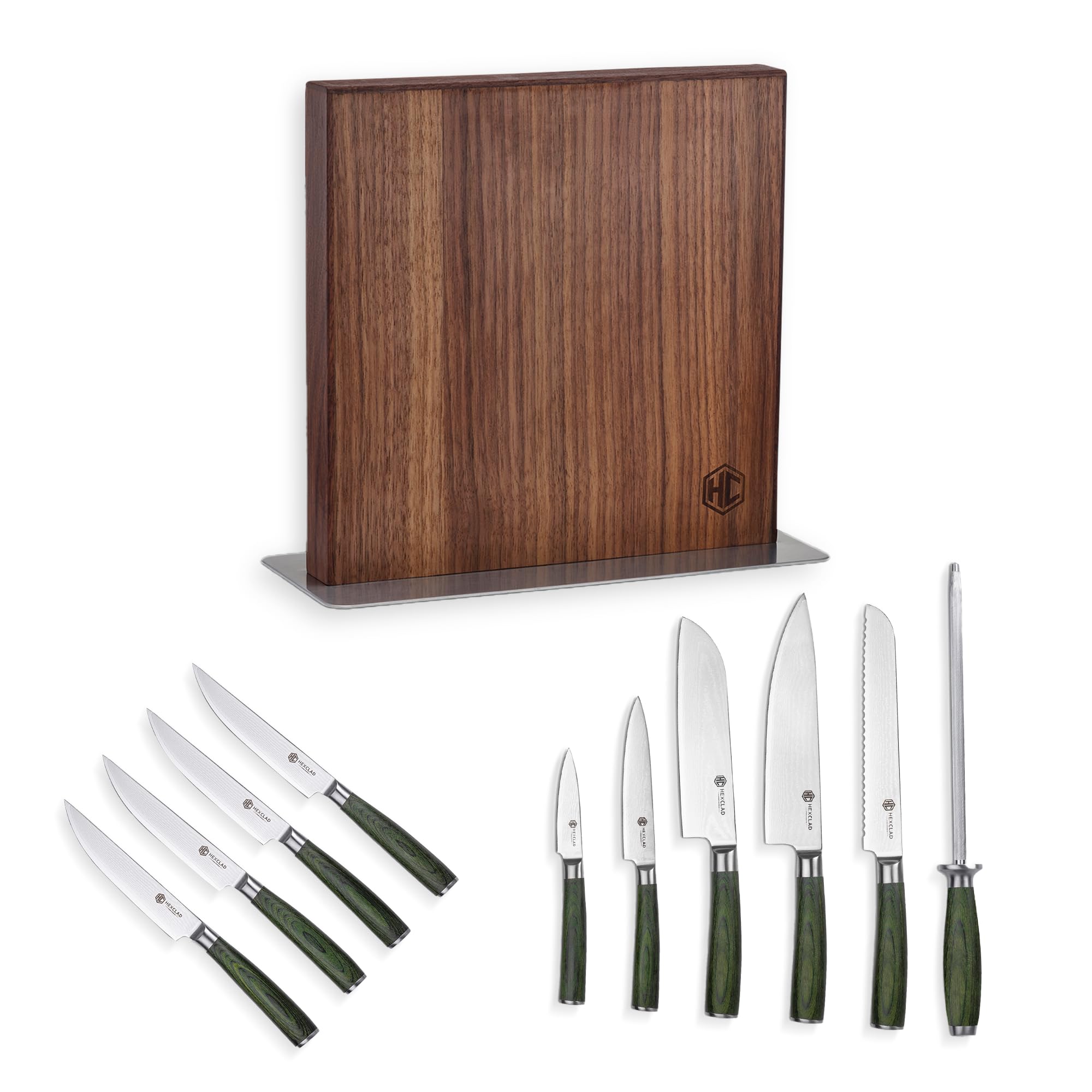 HexClad 7 Piece Knife Set - 6 Piece Damascus Essential Knife Set & Magnetic Knife Block, Comes with Chef's, Santoku, Bread, Utility and Pairing Knife and Walnut Knife Block