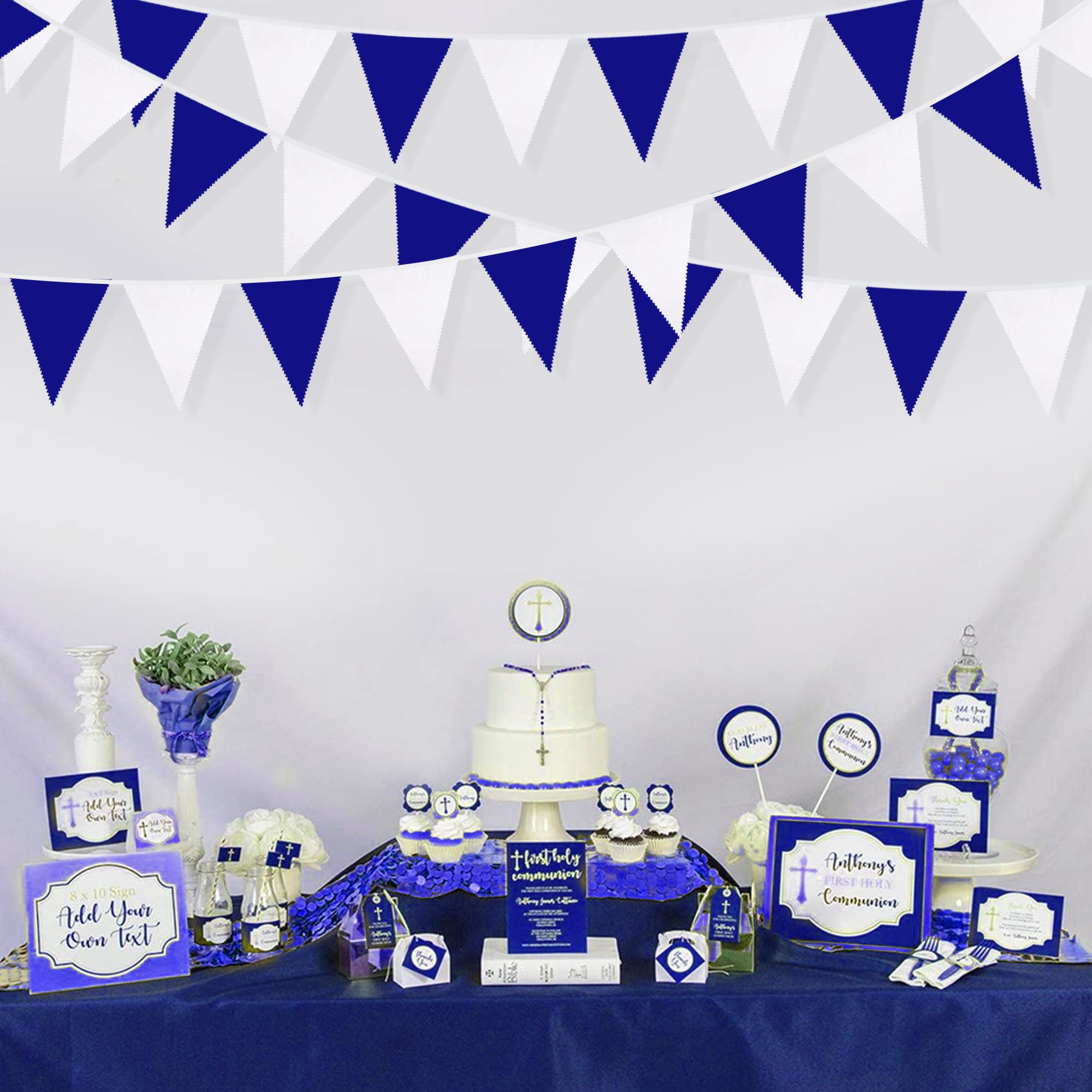 32Ft Royal Blue White Party Decorations Triangle Flag Pennant Bunting Fabric Garland for Wedding Birthday Ahoy Achor Nautical Pirate Bridal Baby Shower Under The Sea Party Festivals Decoration