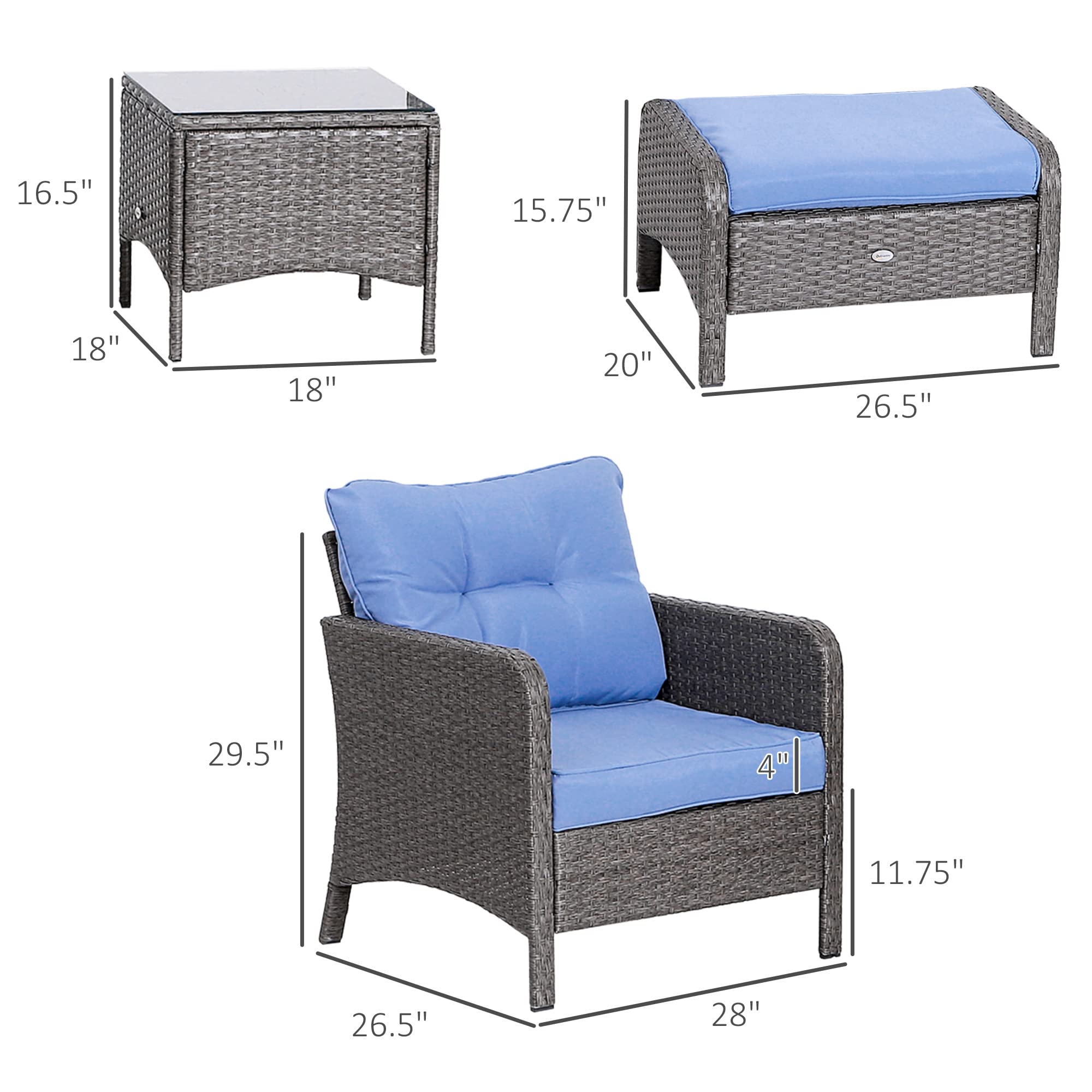 Outsunny 5 Pieces Rattan Wicker Lounge Chair Outdoor Patio Conversation Set with 2 Cushioned Chairs, 2 Ottomans and Tempered Glass Top Coffee Table, Blue