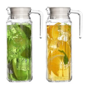 glass pitcher with lid – set of 2 34oz glass water pitcher – cold water carafe for ice tea, lemonade, coffee – elegant and modern – practical spout pitchers for drinks