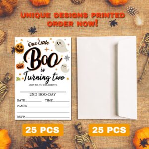 Deluxe Halloween or Costume Party Invitations, 25 Fill-in Cards with Envelopes, Pumpkin, Ghost, Monster, Cute Trick or Treat, Box or Treat for Kids Birthday or Adult party - 4"X6" (JRM352)