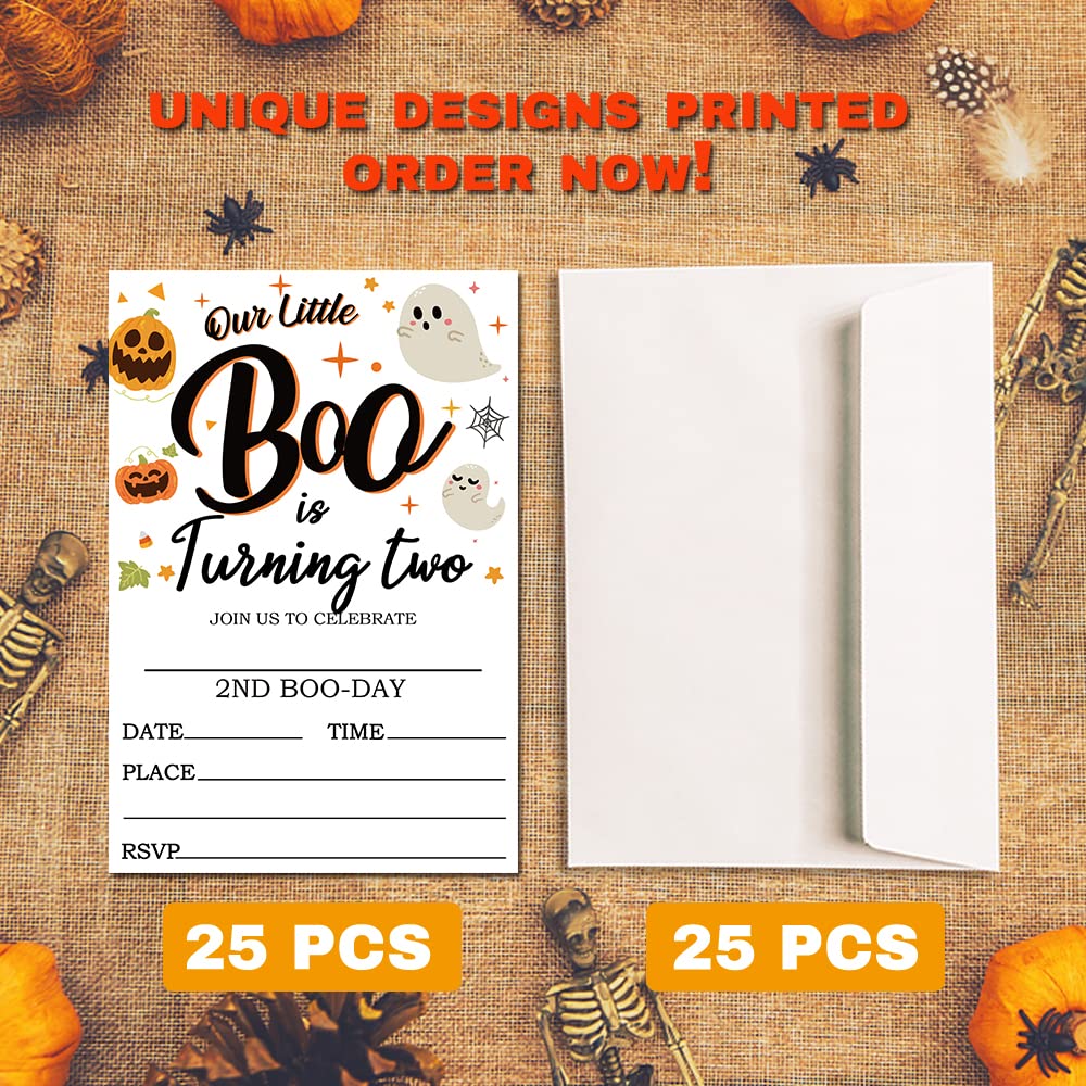 Deluxe Halloween or Costume Party Invitations, 25 Fill-in Cards with Envelopes, Pumpkin, Ghost, Monster, Cute Trick or Treat, Box or Treat for Kids Birthday or Adult party - 4"X6" (JRM352)