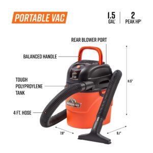 Armor All® AA155 1.5-Gallon 2 Peak HP Portable Wet/Dry Vacuum, Orange