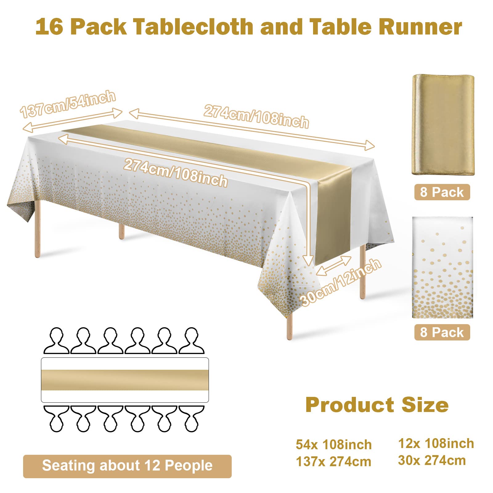 16Pack Disposable Plastic Tablecloths and Satin Table Runner Set White and Gold Dot Tablecloth Gold Satin Table Runner for Wedding Birthday Baby Shower Anniversary Christmas New Year Party Decorations