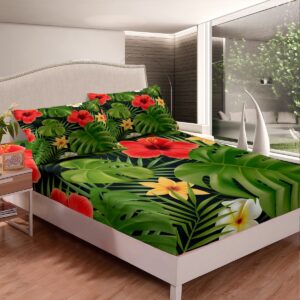 Tropical Palm Sheet Set for Kids Boys Girls,Green Red Yellow White Flower Leaf Bed Sheets Twin,Hawaii Vacation Bedding Set,Botanical Floral Fitted Sheet Deep Pocket + Flat Sheet + 1 Pillowcase