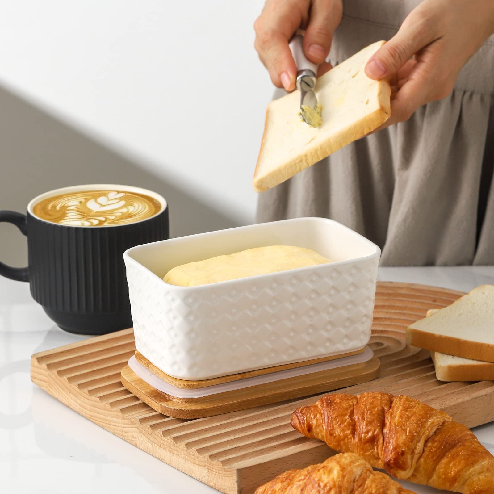 Hasense Large Butter Dish with Lid for Countertop - Farmhouse Ceramic Butter Container Holder with Cover for Fridge,Silicone Sealing,White Embossed Pattern,Holds Two Sticks of Butter