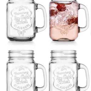 Glaver's Mason Drinking Jars – Set of 4, 16 Oz Clear Glass Jars – With Convenient Handle and Ice-Cold Embossed Logo – Ideal for Hot and Sunny Days – Perfect Glass Cups for Cold Drinks