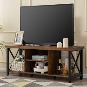 gazhome tv stand for tv up to 55 inches, tv cabinet with open storage, tv console unit with shelving for living room, entertainment room, rustic brown