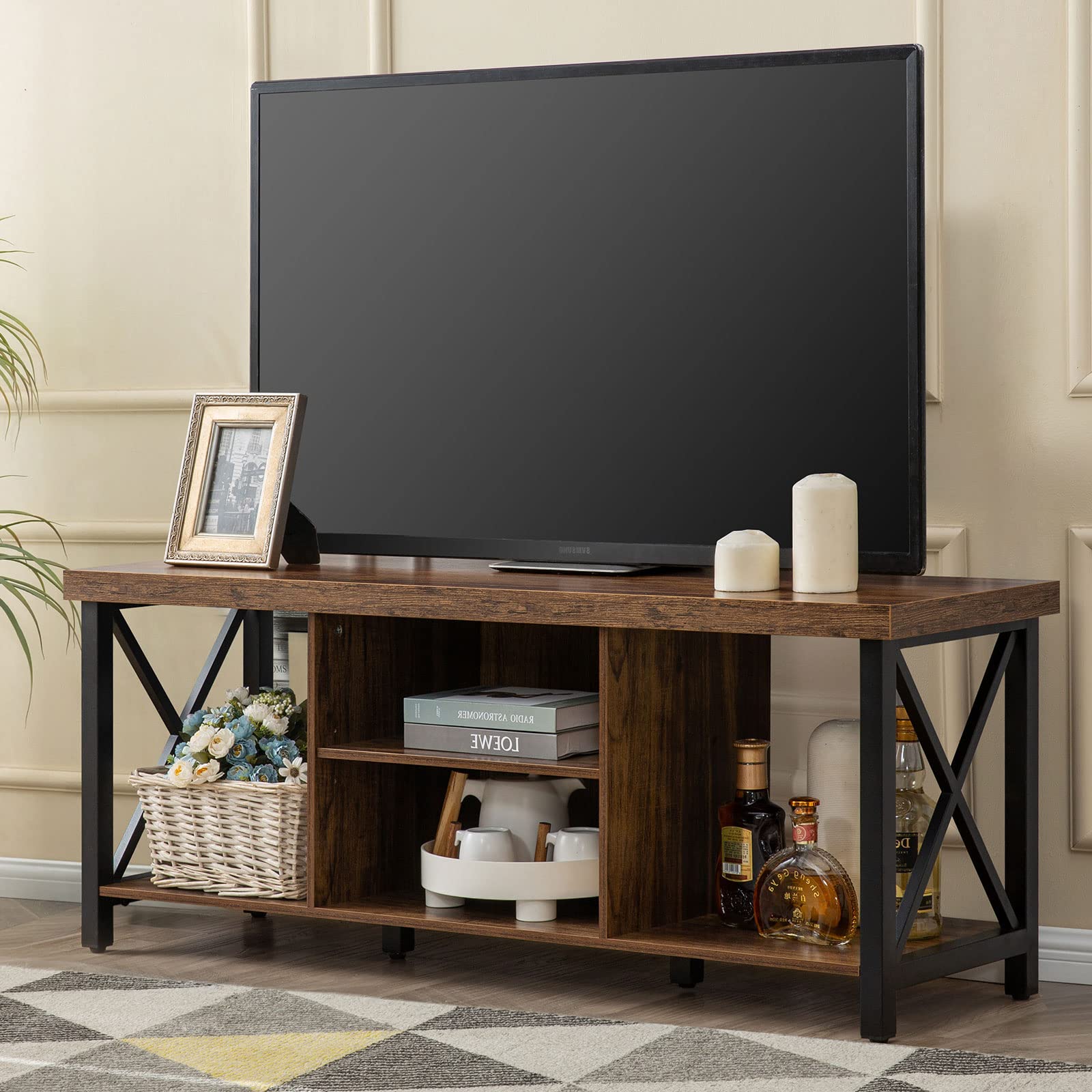 GAZHOME TV Stand for TV up to 55 Inches, TV Cabinet with Open Storage, TV Console Unit with Shelving for Living Room, Entertainment Room, Rustic Brown