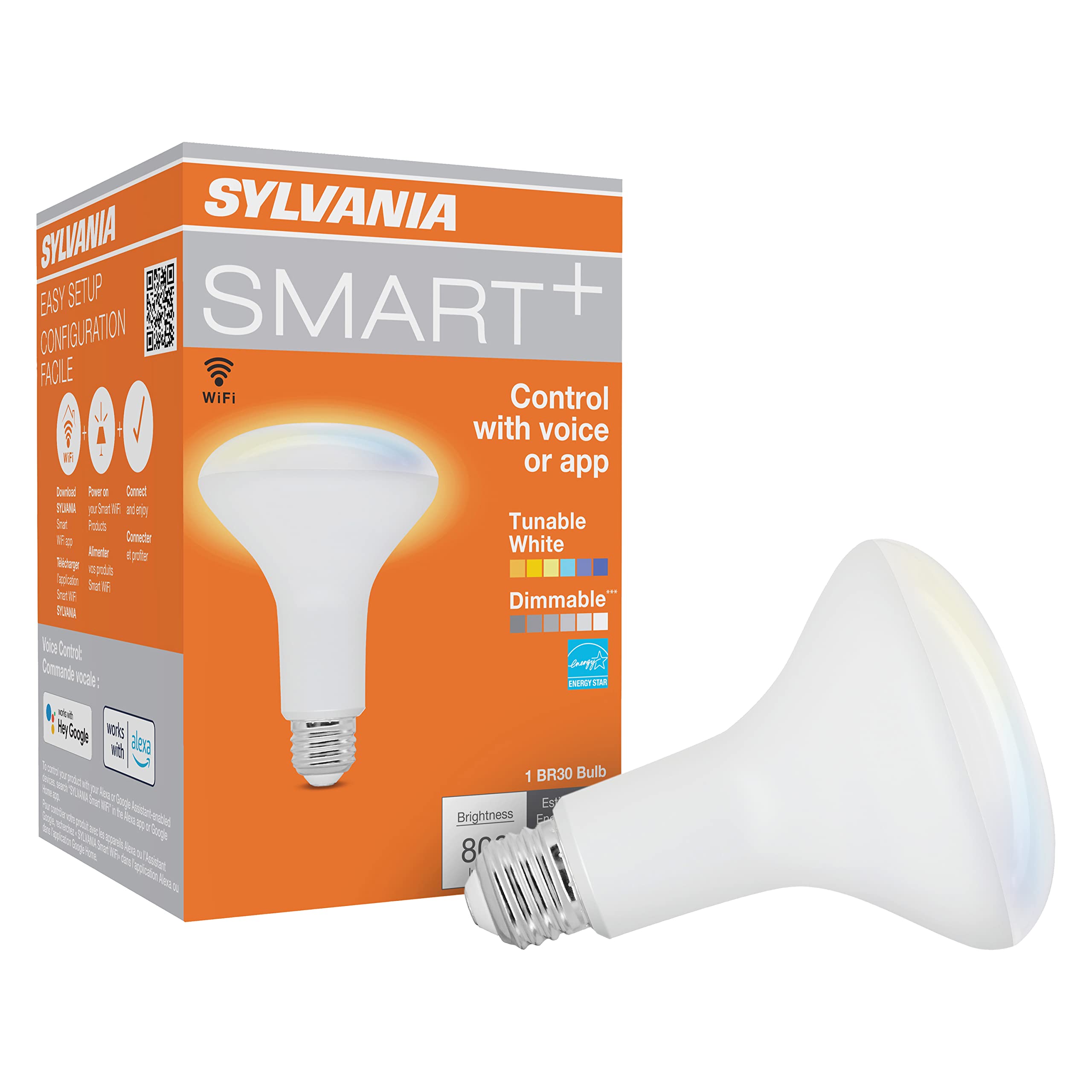 Sylvania WiFi LED Smart BR30 Light Bulb, 9W Efficient, Tunable White, 2700K - 6500K, for Alexa/Google Assistant/Siri Shortcuts, Energy Star, Frosted - 1 Pack (75804)