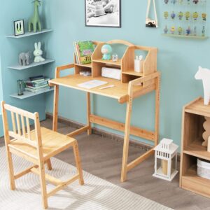 Costzon Kids Desk and Chair Set, Height Adjustable Bamboo Desk with Storage Hutch, Student Writing Computer Workstation for Bedroom, School, Children Study Table and Chair Set for Girls Boys Ages 3+