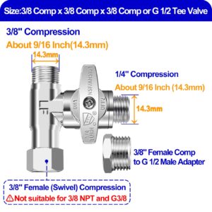 Tee Stop Valve - Lead-Free Add-A-Tee Valve 3/8"x3/8"x3/8" or 1/2",1/4 Turn Brass Tee Connector with Built-in Sealing Gasket for Bidet Sprayer,Second Faucet,Glass Rinser,Dishwasher,Toilet Tank.