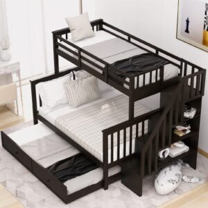 Twin Over Full Bunk Bed with Stairs and Trundle Wood Stairway Bunk Beds with Storage Shelf for Kids Boys Girls Teens, Espresso