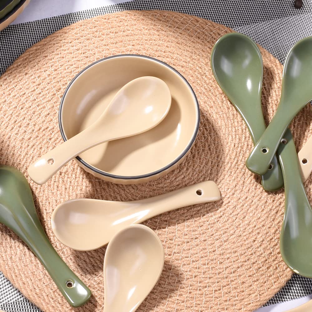 Ceramic Soup Spoons Set of 6 Nordic Style Small Spoon for Ramen Pho Dessert Ice Cream Wonton Beige