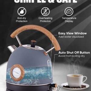 Retro Electric Kettle, 1.7L / 1500W Electric Tea Kettles for Boiling Water, Wood Pattern Handle Blue Stainless Steel Hot Water Boiler with Temperature Display, Auto Shut-off Boil-Dry Protection