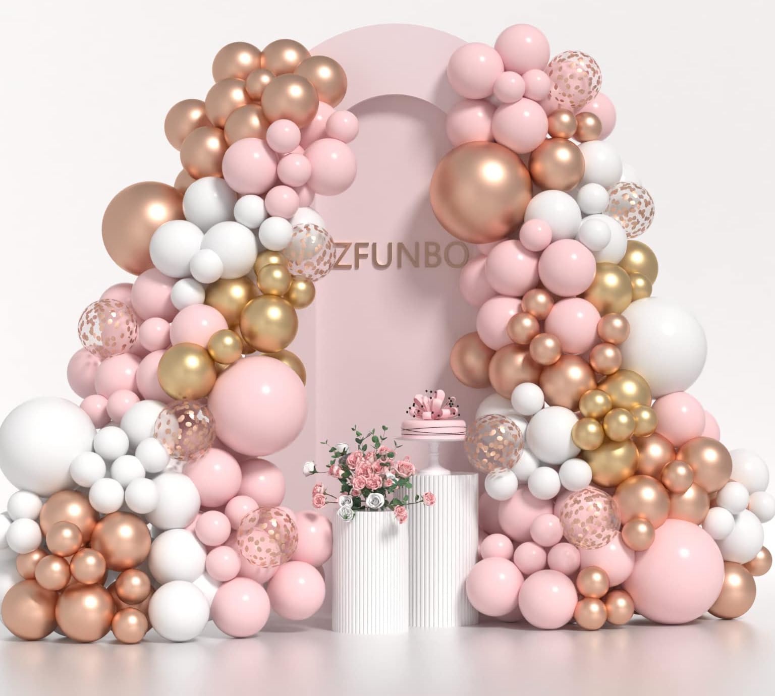 ZFUNBO Rose Gold Balloon Garland Arch Kit, 124pcs Rose Gold Birthday Decorations for Girl with Rose Gold Metallic Pink White Balloons Garland for Bridal Shower Birthday Party Decorations