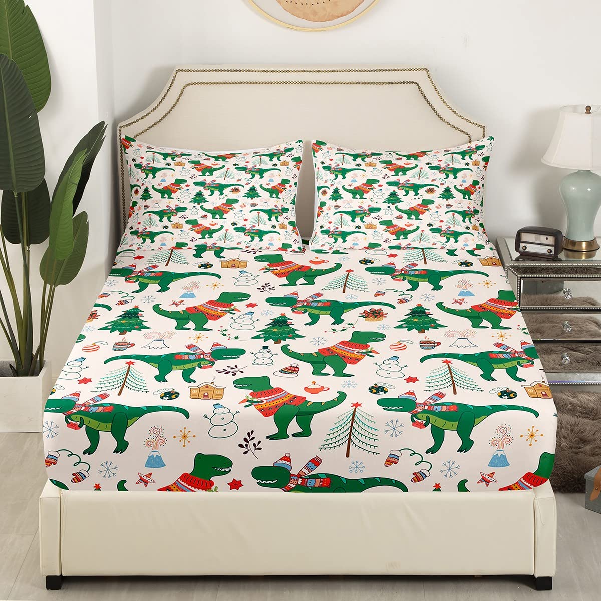 Christmas Sheet Set for Kids Boys Girls Cartoon Dinosaur Christmas Tree Sheets with Deep Pocket Fitted Sheet Snowman New Year Bed Sheets Set Bedroom Decor Xmas Theme Bedding Set Full Size 4Pcs