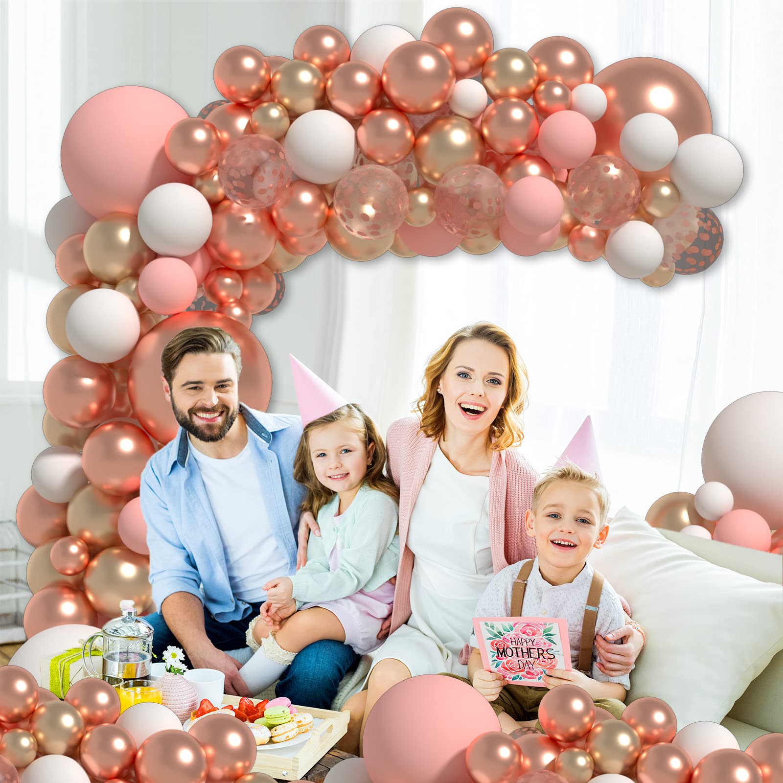 ZFUNBO Rose Gold Balloon Garland Arch Kit, 124pcs Rose Gold Birthday Decorations for Girl with Rose Gold Metallic Pink White Balloons Garland for Bridal Shower Birthday Party Decorations