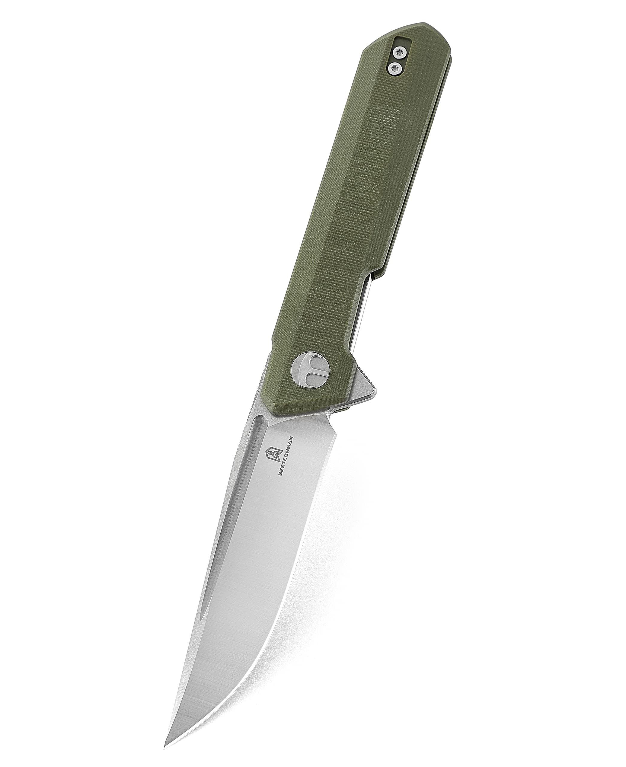 BESTECHMAN Dundee Pocket Folder Folding Knife: 3.35" D2 Steel Stonewash Satin Blade, G10 Scales, EDC Reversible Deep Clip, BMK01B (OD Green)