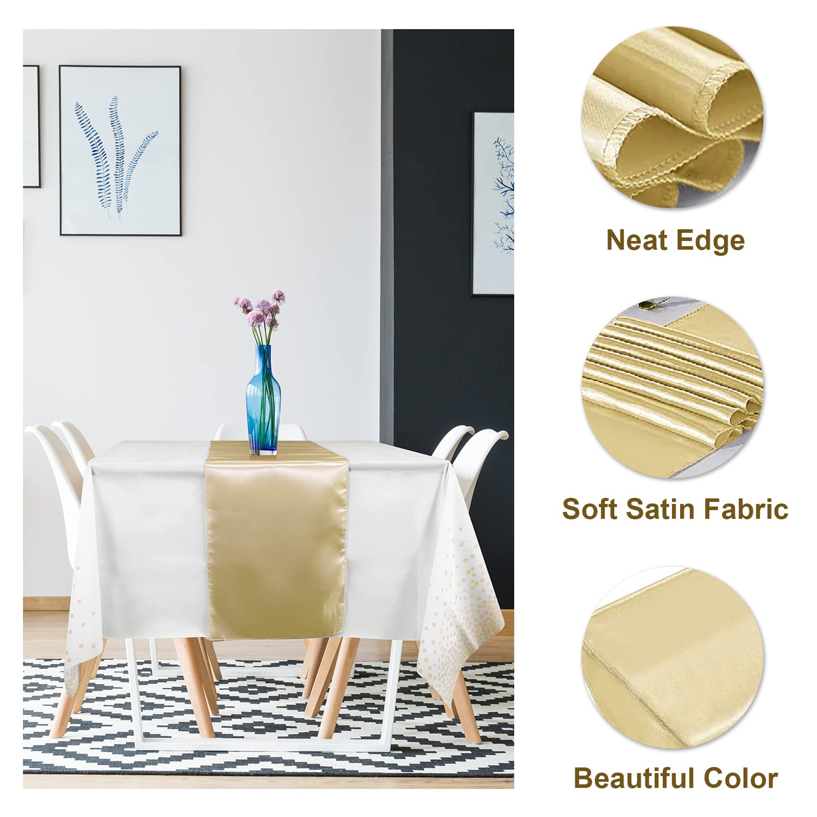 16Pack Disposable Plastic Tablecloths and Satin Table Runner Set White and Gold Dot Tablecloth Gold Satin Table Runner for Wedding Birthday Baby Shower Anniversary Christmas New Year Party Decorations