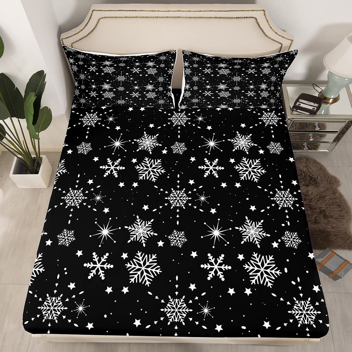 Erosebridal Christmas Bed Sheets Snowflakes Sheet Set for Kids Girls Boys Black and White Bed Sheet Set King Size Magical Glitter Star Flat Sheet Deep Pocket Room Decor with 2 Pillow Cases, Black