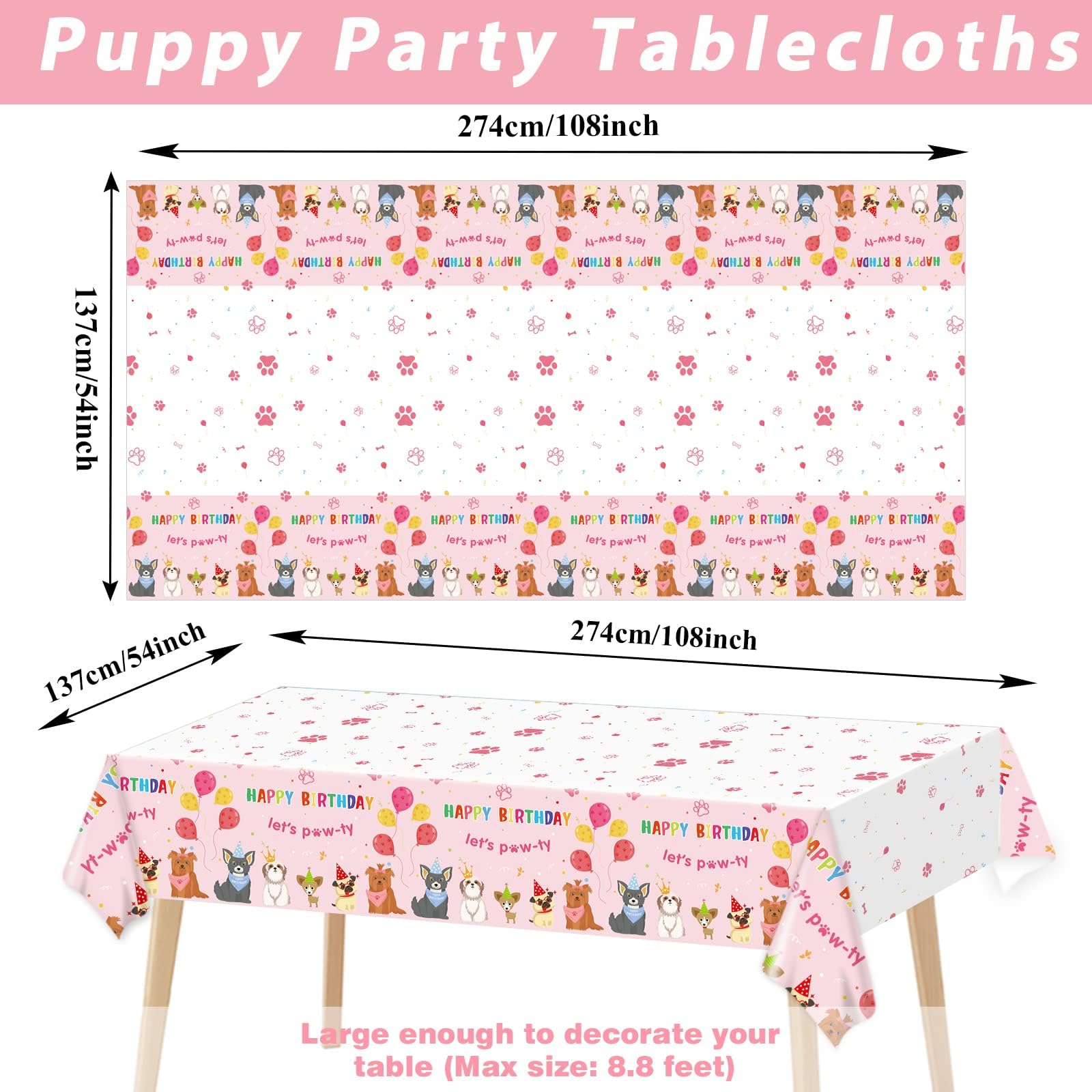 3 Pack Dog Birthday Party Decorations Pet Dog Tablecloths Puppy Table Covers Pink Dog Party Supplies Paw Print Table Decor for Girls Kids Lets Pawty Birthday Baby Shower Party Favor 54 x 108 Inch