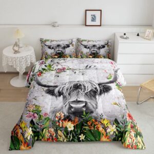 highlcow comforter set for girls boys highlcattle comforter decorwildlife decor bedding set farmhouse cattle bull floral duvet set twin size 2pcs quilt boys