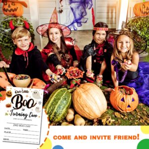 Deluxe Halloween or Costume Party Invitations, 25 Fill-in Cards with Envelopes, Pumpkin, Ghost, Monster, Cute Trick or Treat, Box or Treat for Kids Birthday or Adult party - 4"X6" (JRM352)