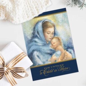 Masterpiece Religious Madonna And Child Christmas Cards / 16 Boxed Christian Holiday Card Set With Gold Foil Accents And Foil Lined Envelopes / Mary Jesus Holy Family Cards / 5 5/8" x 7 7/8" Folded Greeting Cards With Inside Verse