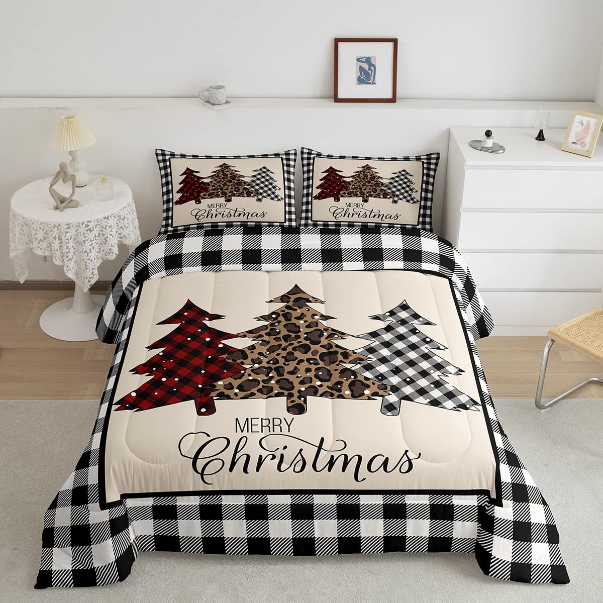 Merry Christmas Kids Comforter Set Queen Size,Xmas Tree Rustic Bedding Set,Girls Boys Adults Bedroom Decor,Geometric Grid Patchwork Down Comforter,Black White Stylish Duvet Insert,3pcs,2 Pillowcases