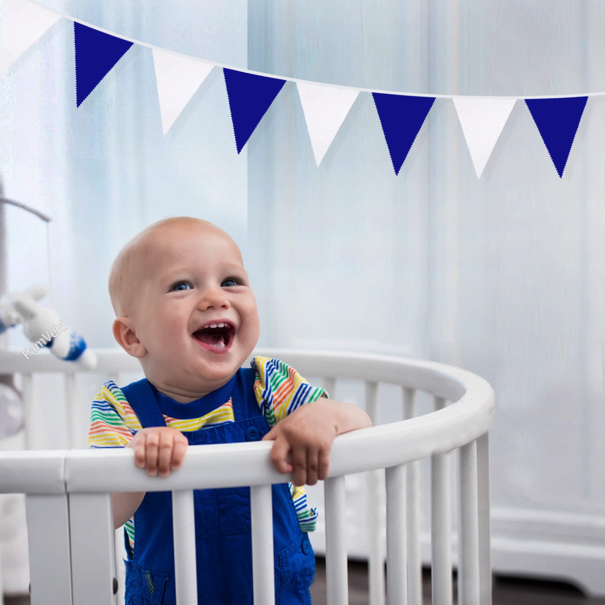 32Ft Royal Blue White Party Decorations Triangle Flag Pennant Bunting Fabric Garland for Wedding Birthday Ahoy Achor Nautical Pirate Bridal Baby Shower Under The Sea Party Festivals Decoration