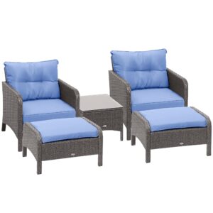 outsunny 5 pieces rattan wicker lounge chair outdoor patio conversation set with 2 cushioned chairs, 2 ottomans and tempered glass top coffee table, blue