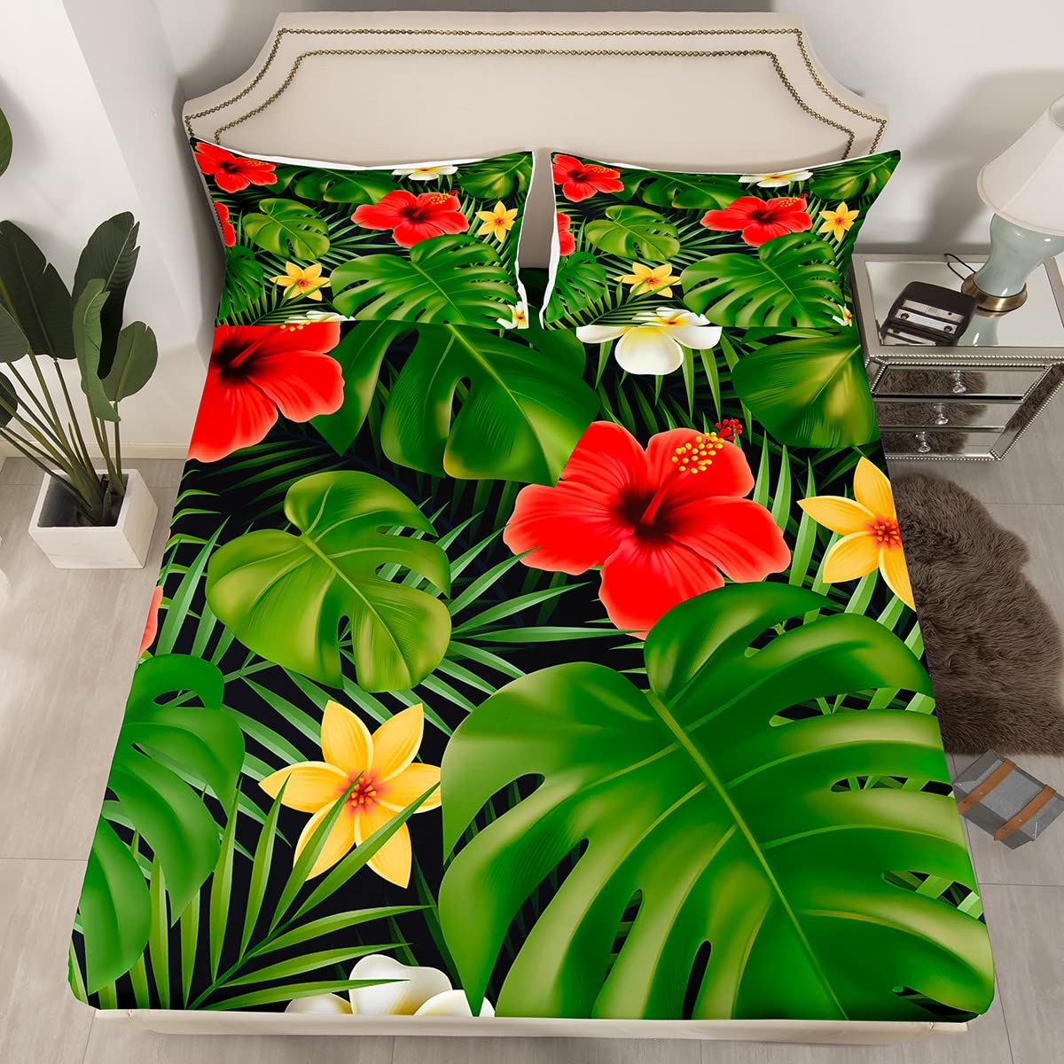 Tropical Palm Sheet Set for Kids Boys Girls,Green Red Yellow White Flower Leaf Bed Sheets Twin,Hawaii Vacation Bedding Set,Botanical Floral Fitted Sheet Deep Pocket + Flat Sheet + 1 Pillowcase