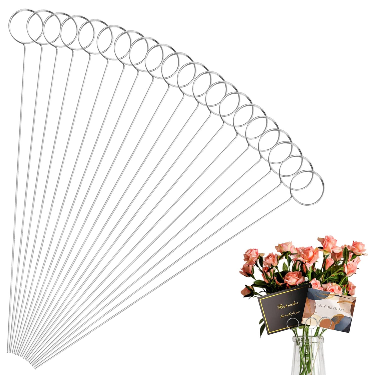 30 Pcs Metal Wire Floral Picks 13 Inch Wire Place Card Holder, Metal Table Name Number Clips Picture Stand, Round Photo Memo Flower Card Holder for Wedding Party Birthday ​Cake (Silver Round) ​