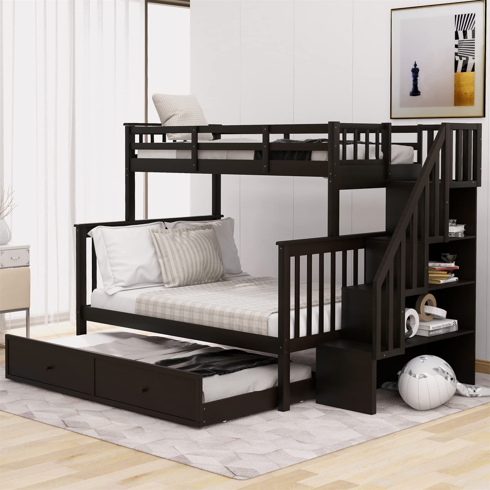 Twin Over Full Bunk Bed with Stairs and Trundle Wood Stairway Bunk Beds with Storage Shelf for Kids Boys Girls Teens, Espresso