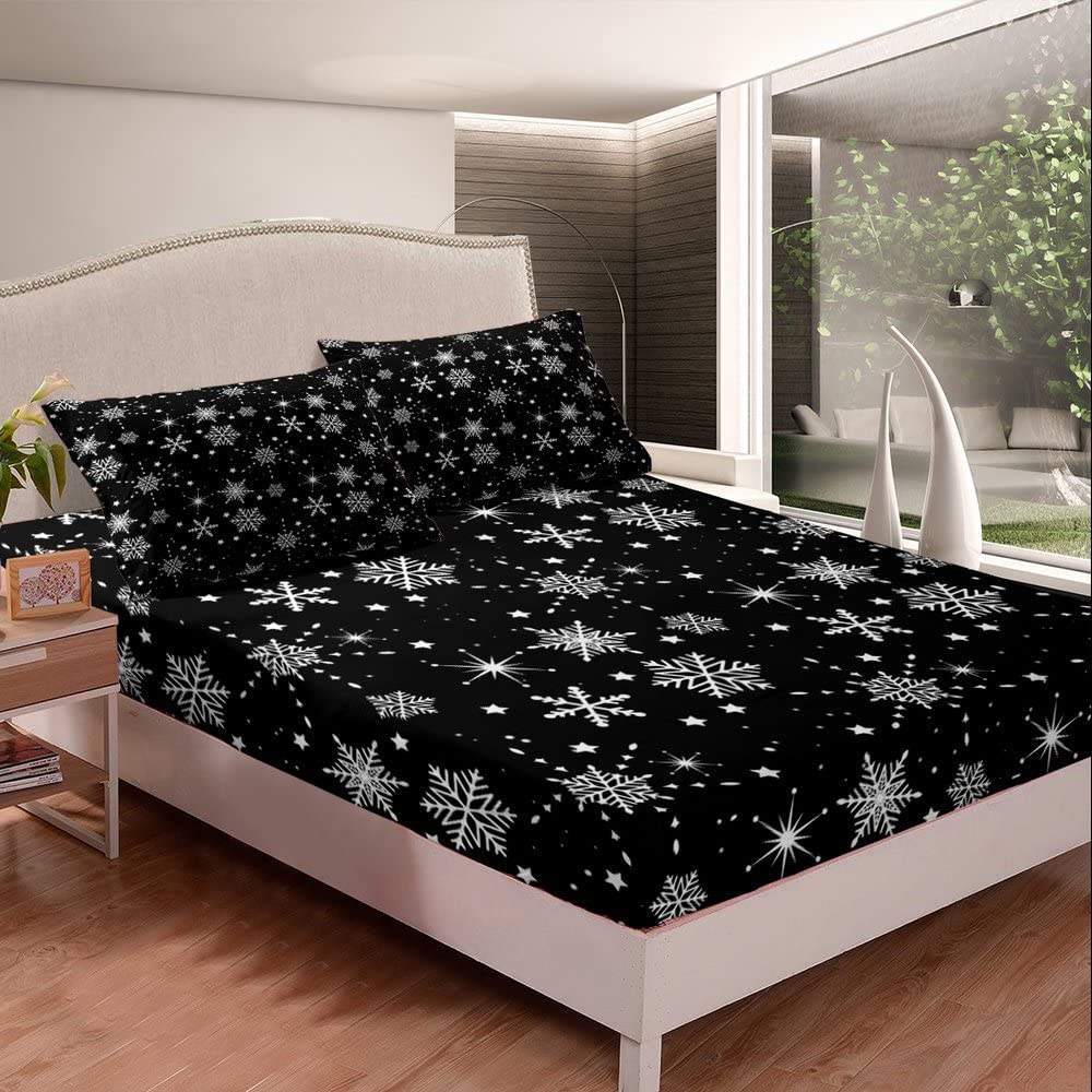 Erosebridal Christmas Bed Sheets Snowflakes Sheet Set for Kids Girls Boys Black and White Bed Sheet Set King Size Magical Glitter Star Flat Sheet Deep Pocket Room Decor with 2 Pillow Cases, Black