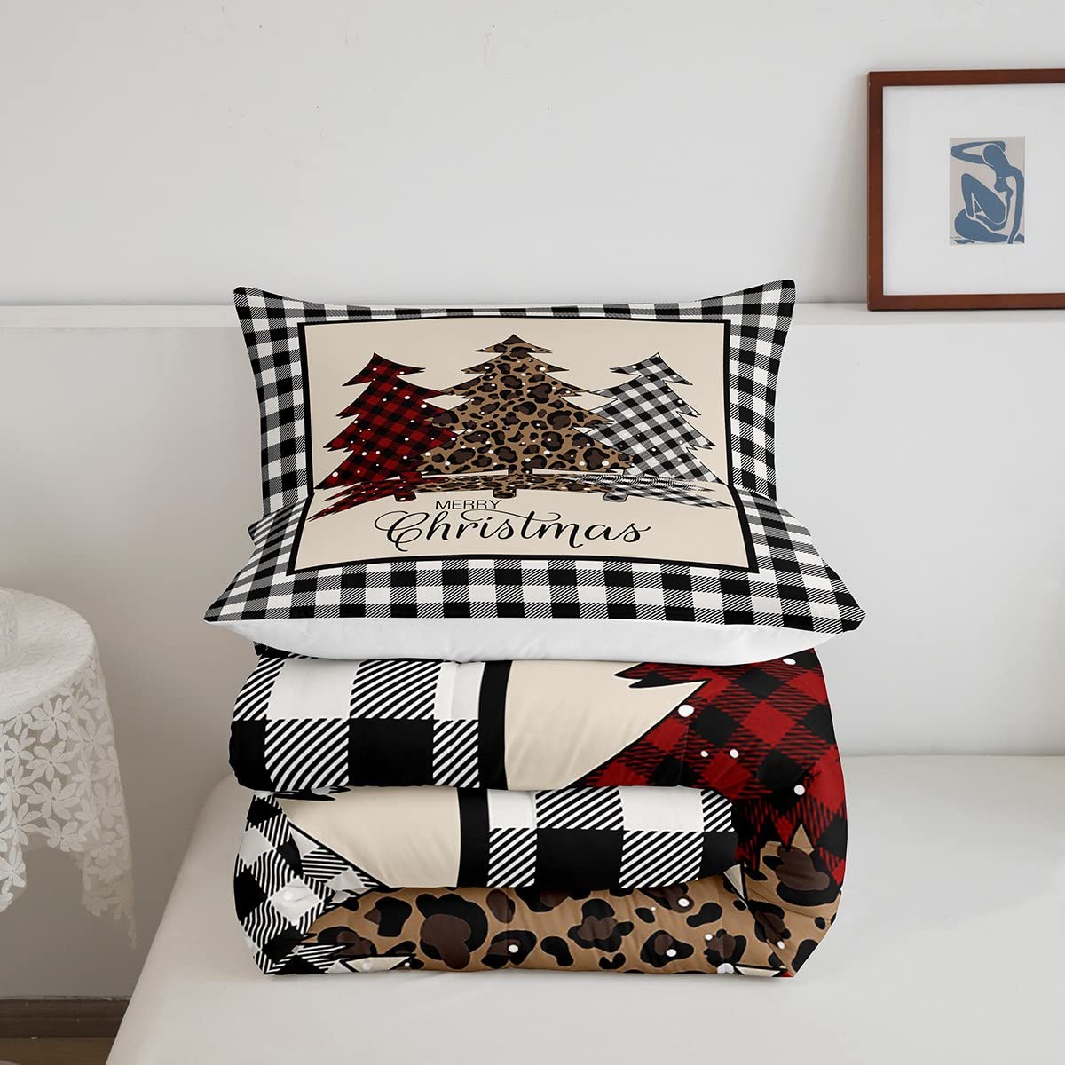 Merry Christmas Kids Comforter Set Queen Size,Xmas Tree Rustic Bedding Set,Girls Boys Adults Bedroom Decor,Geometric Grid Patchwork Down Comforter,Black White Stylish Duvet Insert,3pcs,2 Pillowcases