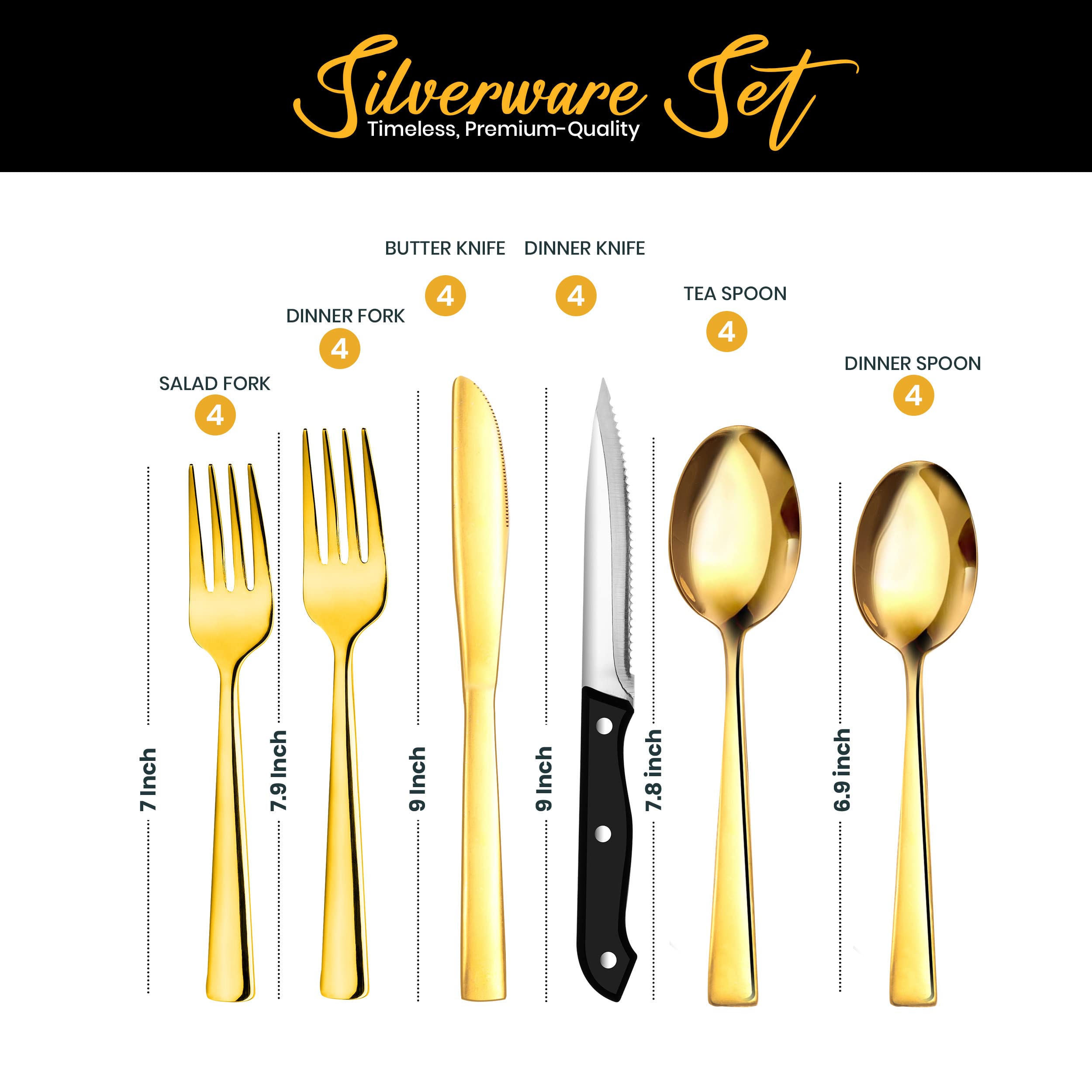 Utopia Kitchen 48 Piece Silverware Set Service for 8, Flatware Set with Steak Knives, Stainless Steel Utensil Sets, Mirror Polished Cutlery Set for Home, Kitchen, Restaurant, Dishwasher Safe - Gold