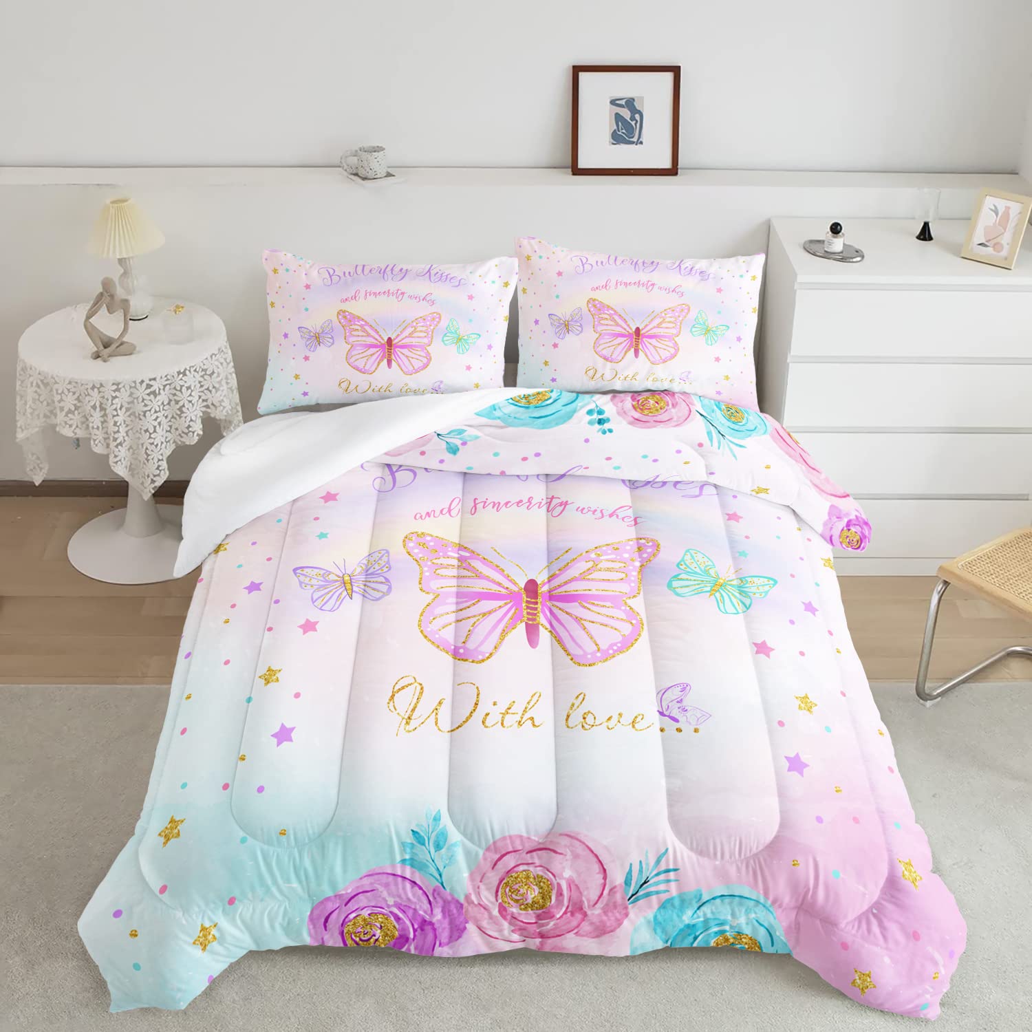 CVHOUSE Butterfly Bedding Set,Butterfly Comforter Twin,Butterfly Comforter Set for Girls Kids Teens,Butterflies Quilt Set with 1 Comforter and 2 Pillow Cases- 3 Piece