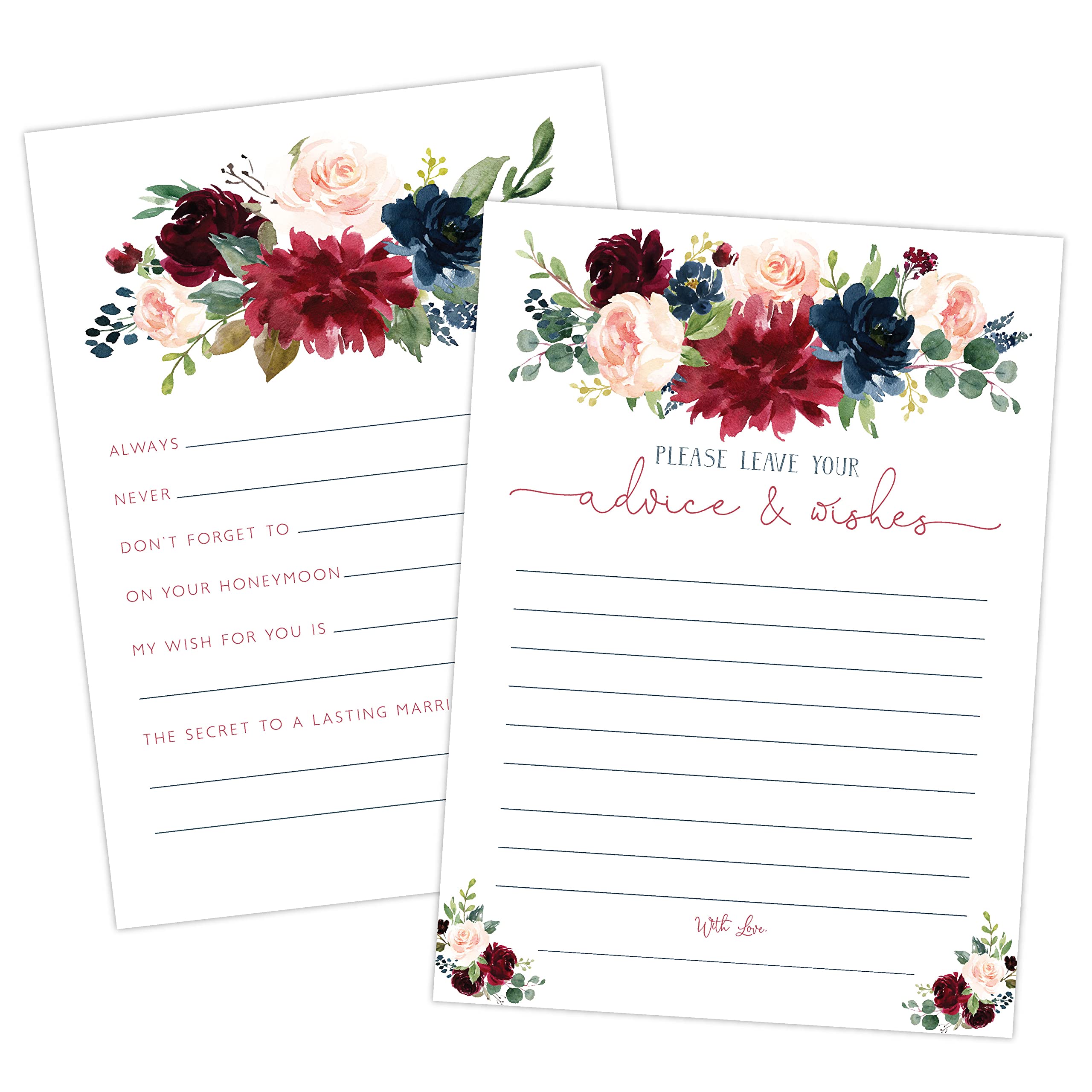 Your Main Event Prints Navy Burgundy Advice and Wishes Cards for Bridal Showers, Weddings, and the Bride and Groom - Pack of 50, 5"x7" Cards