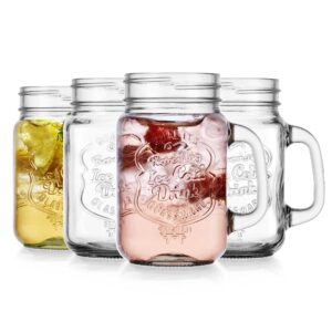 Glaver's Mason Drinking Jars – Set of 4, 16 Oz Clear Glass Jars – With Convenient Handle and Ice-Cold Embossed Logo – Ideal for Hot and Sunny Days – Perfect Glass Cups for Cold Drinks