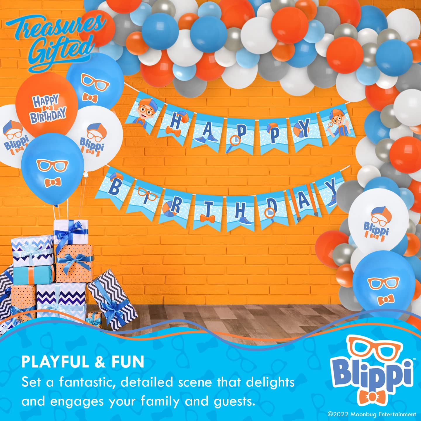 Treasures Gifted Officially Licensed Blippi Birthday Party Supplies - 12 Pack - Blippi Balloons - Latex Blippi Birthday Decoration Balloons - 12 Inch Happy Birthday Balloons in Orange, Blue & White