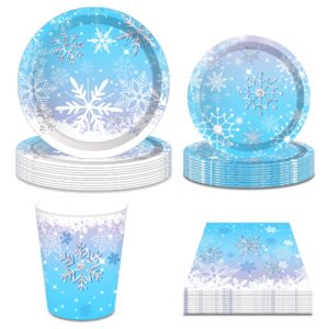 winter party decorations, snowflake party decorations, christmas party decorations include blue snow party plate, dessert plates, cups, napkins (16 guests)