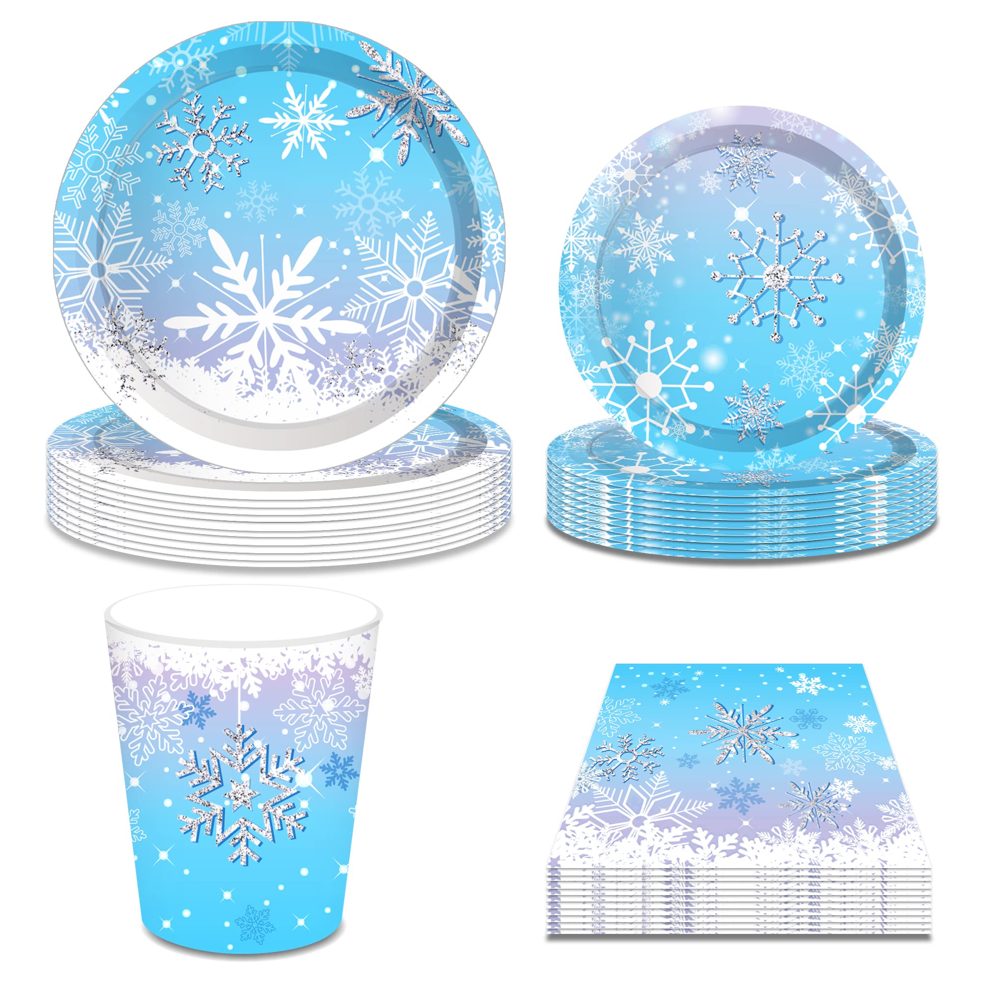 Winter Party Decorations, Snowflake Party Decorations, Christmas Party Decorations Include Blue Snow Party Plate, Dessert Plates, cups, Napkins (16 Guests)