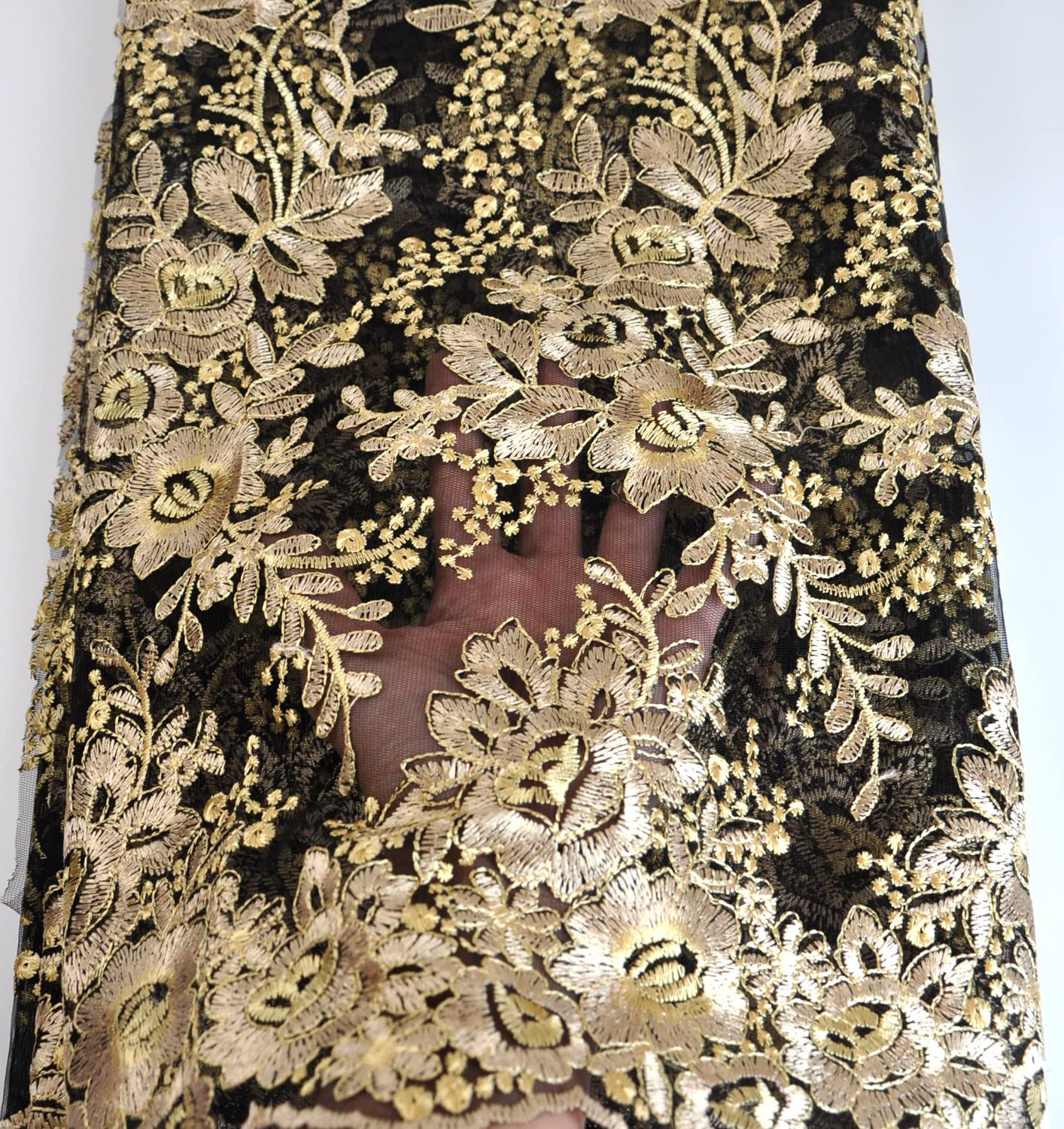 SanVera17 African Fabric Net Fabrics Nigerian Embroidered Lace Fabric for Party Dress (Gold) 5 Yards 2203-4