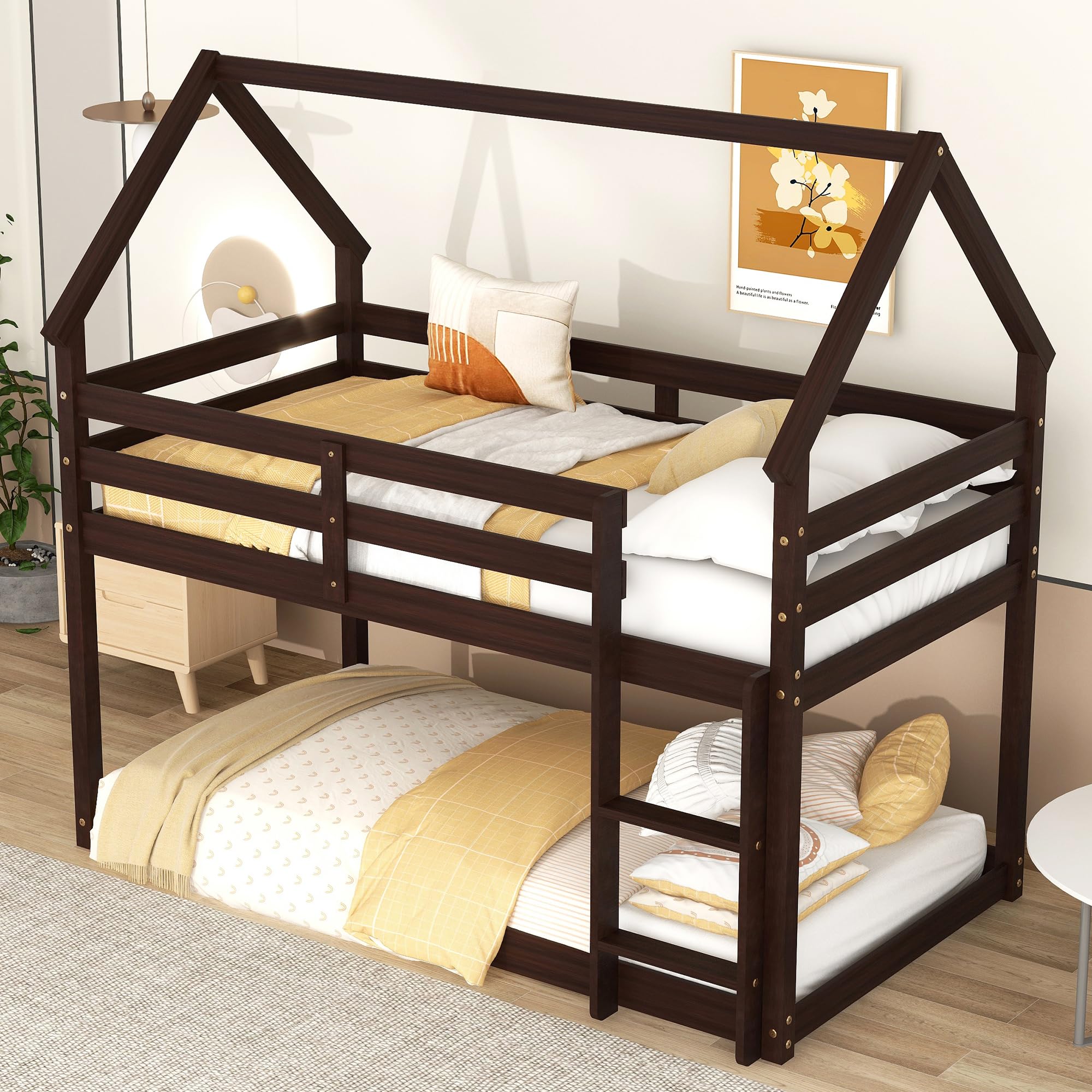 House Bunk Bed Twin Over Twin Floor/Low Bunk Bed Frame Wood Convertible Bunk Loft Beds for Kids Boys Girls Teens, Espresso